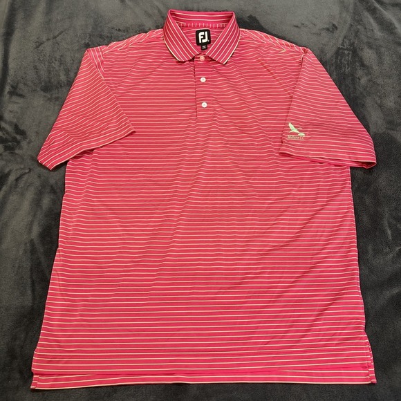 Footjoy Mens Polo Golf Shirt Size XL Pink Green Stripes Club Logo Performance - Picture 2 of 7